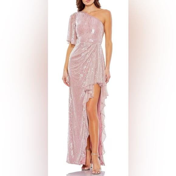 Mac Duggal Asymmetrical One Shoulder Bell Sleeve Sequin Slit Dress 93662 Size 0